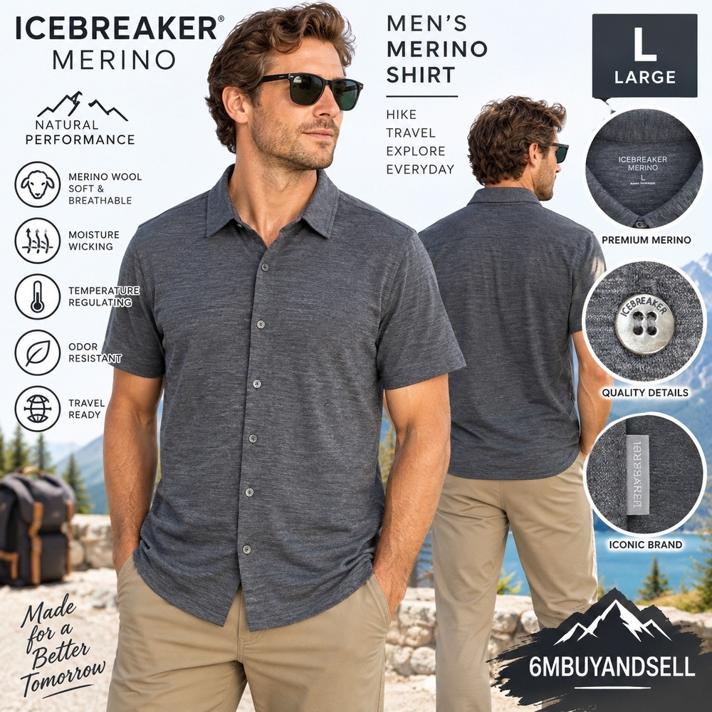 Icebreaker Merino Mens Large Gray Short Sleeve Button Down Shirt Hiking Travel